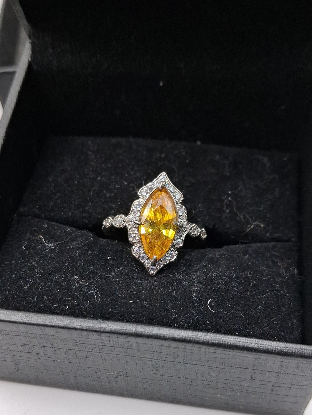 Yellow Marquise Halo Ring with Clear Accent Stones Size 6 R829